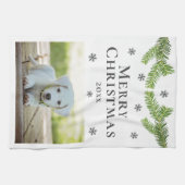 ドッグペットフォトパインスノーフレークスメリークリスマス キッチンタオル (横)