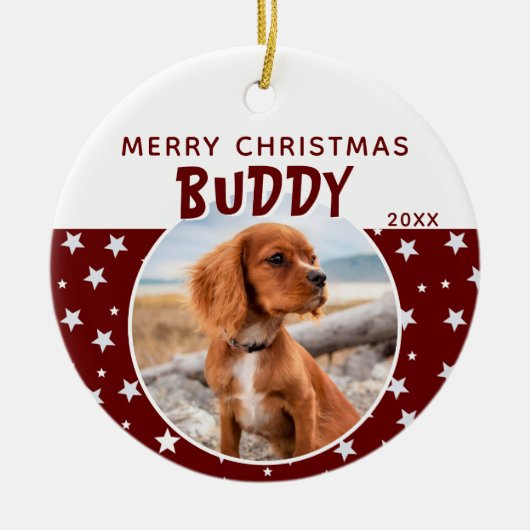 ドッグペットフォトメリークリスマスレッドスターパターン セラミックオーナメント (正面)