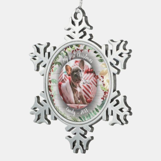 ドッグペット初めてのクリスマスフォトウィンターリース スノーフレークピューターオーナメント (右)