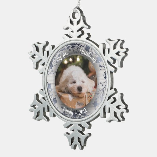 ドッグペット初めてのクリスマスフォトリースシルバーフォイル スノーフレークピューターオーナメント (右)