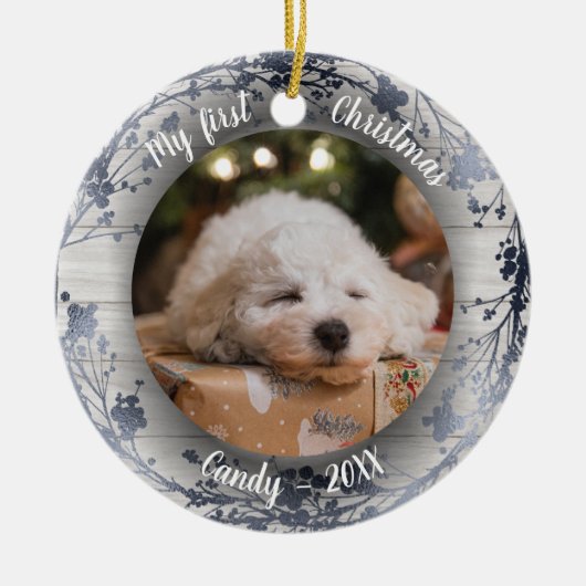 ドッグペット初めてのクリスマスフォトリースシルバーフォイル セラミックオーナメント (正面)