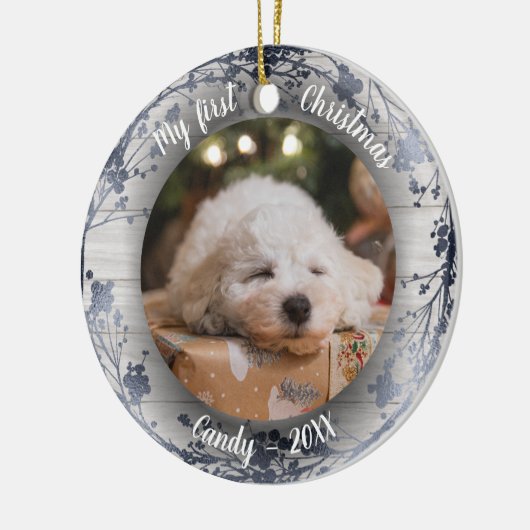ドッグペット初めてのクリスマスフォトリースシルバーフォイル セラミックオーナメント (左)