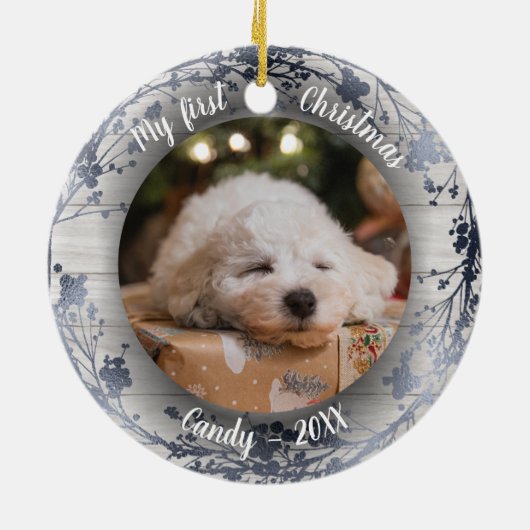 ドッグペット初めてのクリスマスフォトリースシルバーフォイル セラミックオーナメント (裏面)