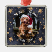 ドッグペット初めてのクリスマス素朴の写真スターズ メタルオーナメント (正面)