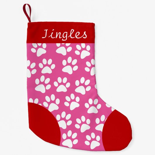 ドッグポーをテーマにしたピンクのクリパーソナライズされたスマス スモールクリスマスストッキング (正面)