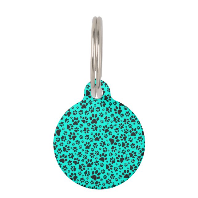 ドッグポーズブラックとホワイト水玉模様で鮮やかなシアン ペット　ネームタグ (正面)