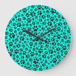 ドッグポーズブラックとホワイト水玉模様で鮮やかなシアン ラージ壁時計