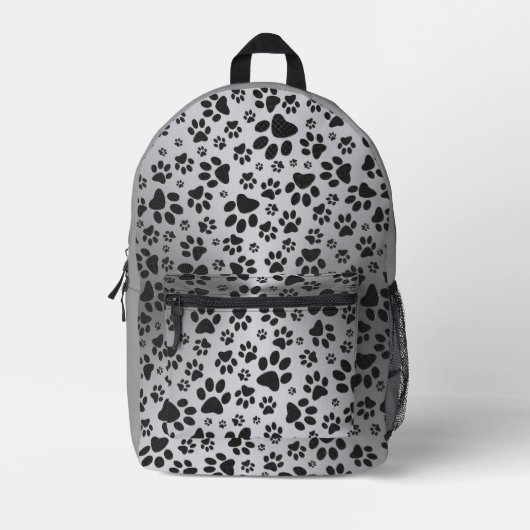 ドッグポーズブラックアンドホワイト水玉模様オンメタルシルバー プリントバックパック (正面)