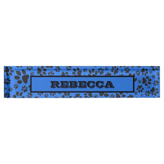 ドッグポーズブラック&ホワイト水玉模様オンテックブルー デスクネームプレート (正面)