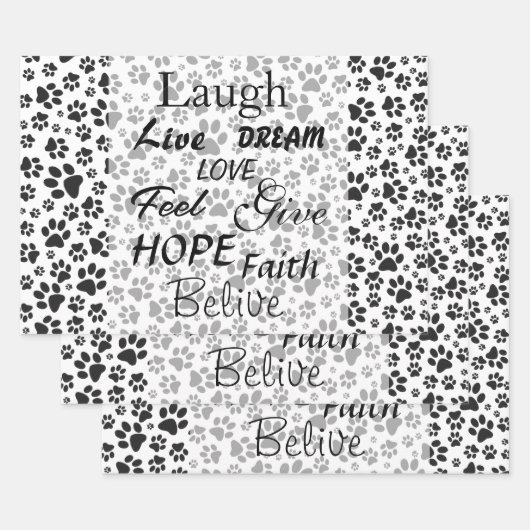 ドッグポーズブラック&ホワイト水玉模様ラッピング紙 ラッピングペーパーシート (セット)