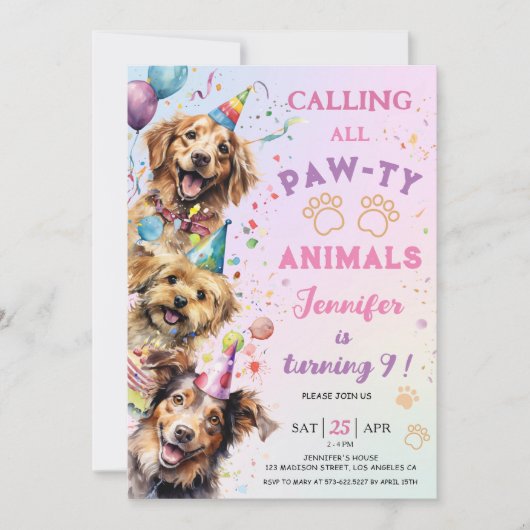 ドッグポーティ誕生日パーティーガール9誕生日 招待状 (正面)
