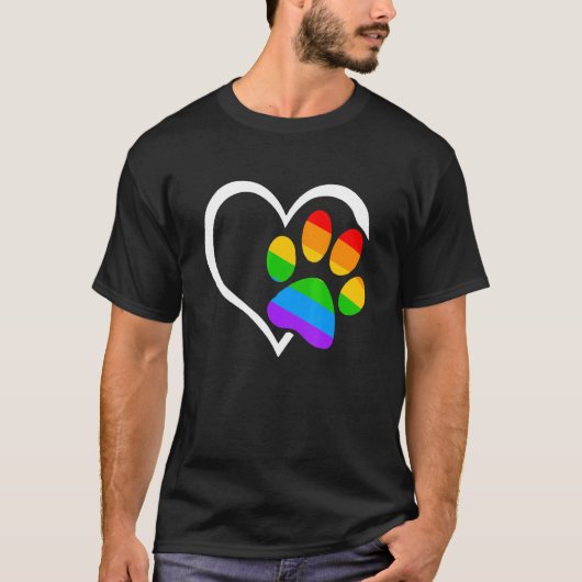 ドッグポーハートLGBTレインボーフラッグアリーゲイプライドモン Tシャツ (正面)