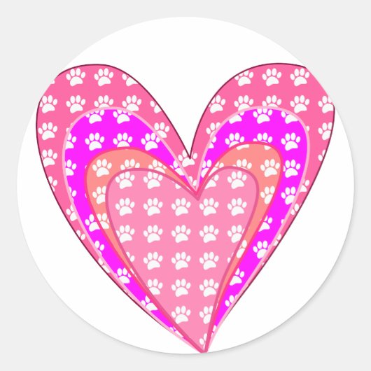 ドッグポープリントとピンクのハート ラウンドシール (正面)