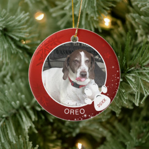 ドッグポープリントレッドスノーフレーク星写真年 セラミックオーナメント