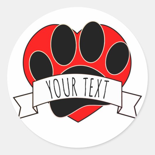 ドッグポープリント赤いハートバナー ラウンドシール (正面)