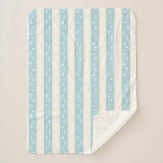 ドッグポー淡い色のプリントブルー&アンティーク白ストライプ色 シェルパブランケット (正面)