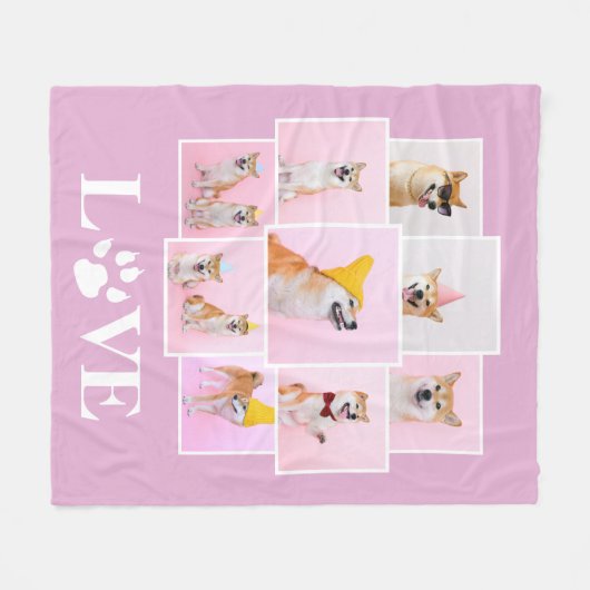 ドッグポーLOVE 9パーソナライズされたフォトコラージュ フリースブランケット (正面(横))