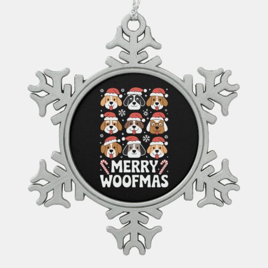 ドッグママクリスマスメリーウーフマスドッグ恋人 スノーフレークピューターオーナメント (正面)