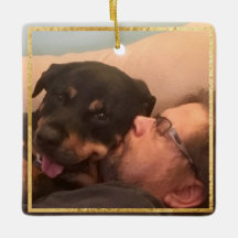 ドッグメモリアルスクエア金ゴールドトリム2枚フォトオーナメント