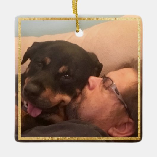 ドッグメモリアルスクエア金ゴールドトリム2枚フォトオーナメント セラミックオーナメント (正面)