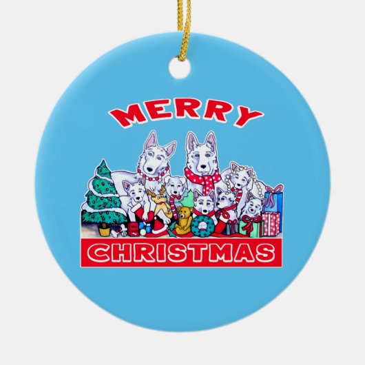 ドッグメリークリスマスホワイトシェパードホリデーGSDおもしろい セラミックオーナメント (正面)
