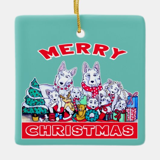 ドッグメリークリスマスホワイトシェパードホリデーGSDおもしろい セラミックオーナメント (正面)