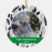 ドッグモダンペット写真B&Wリーフパターンクリスマスシーン セラミックオーナメント (正面)