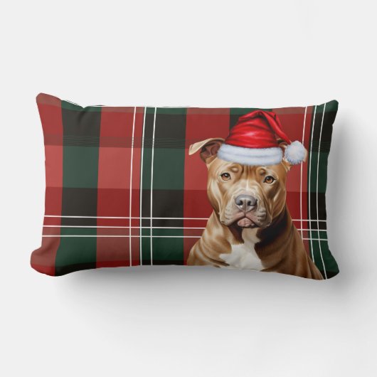 ドッグラバークリスマスブラウンピットブルホリデープレイド ランバークッション (正面)