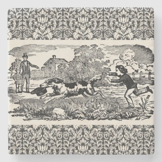 ドッグランニングアンティークペットアートビクトリアンイラストレーション ストーンコースター (正面)