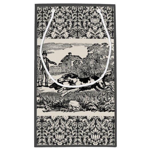 ドッグランニングアンティークペットアートビクトリアンイラストレーション スモールペーパーバッグ (裏面)