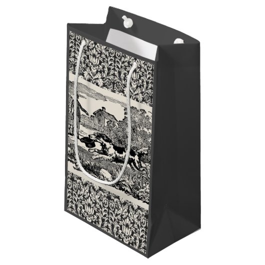 ドッグランニングアンティークペットアートビクトリアンイラストレーション スモールペーパーバッグ (正面アングル)