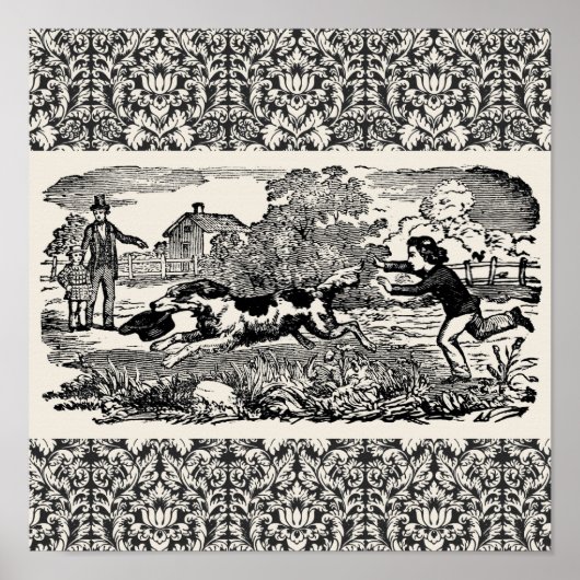 ドッグランニングアンティークペットアートビクトリアンイラストレーション ポスター (正面)