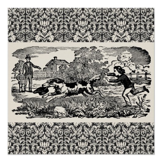 ドッグランニングアンティークペットアートビクトリアンイラストレーション ポスター (正面)