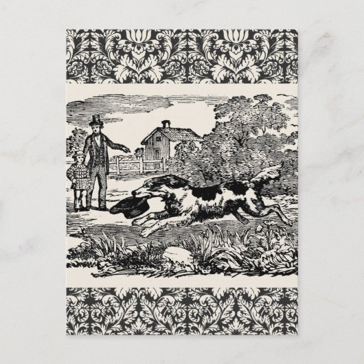 ドッグランニングアンティークペットアートビクトリアンイラストレーション ポストカード (正面)