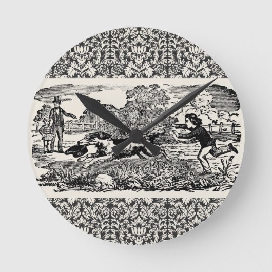 ドッグランニングアンティークペットアートビクトリアンイラストレーション ラウンド壁時計 (正面)