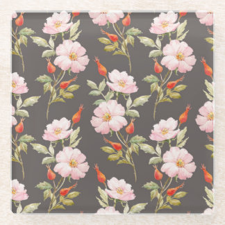 ドッグローズの水彩画：ダークフラワーパターン ガラスコースター