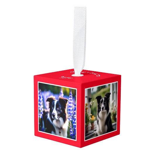ドッグ数々のフォトレッドクリスマス キューブオーナメント (正面アングル)