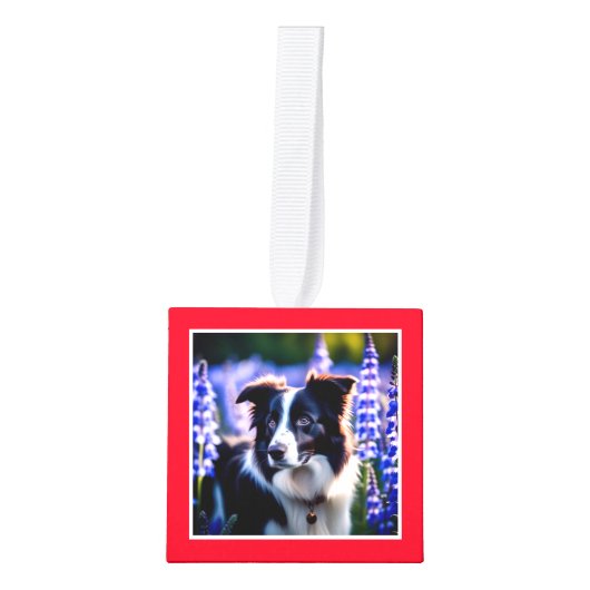 ドッグ数々のフォトレッドクリスマス キューブオーナメント (正面)