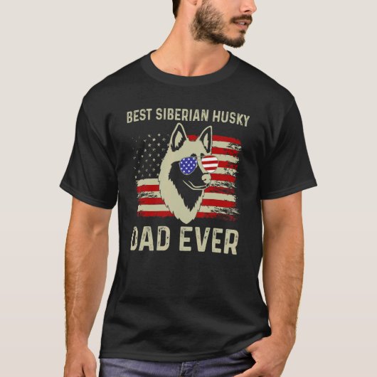 ドッグ最高のパパEVER USA国旗のパパジョークシベリアのハスキー Tシャツ (正面)
