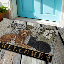 ドッグ&ブラックキャットinアートヌオボ冬/金ゴールドフローラ ドアマット
