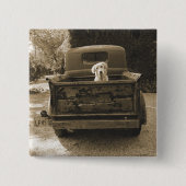 ドッジから出る – 犬の写真 缶バッジ (正面)