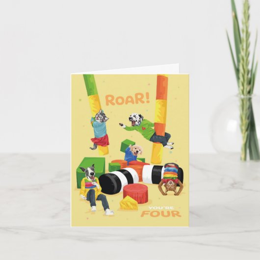 ドッティ・ドッグ・ソフトプレイ ロア！4歳おめでとう カード (正面)
