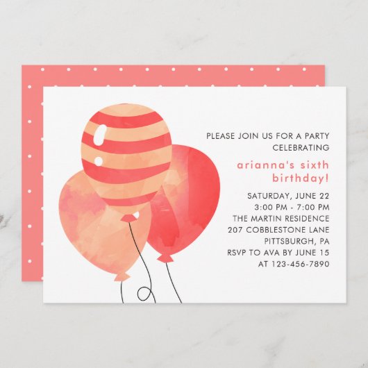 ドットとバルーンかわいらし付き誕生祝い 招待状 (正面/裏面)