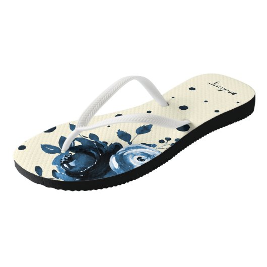 ドットと名前を追加したシックなブルーウォーターフローラ ビーチサンダル