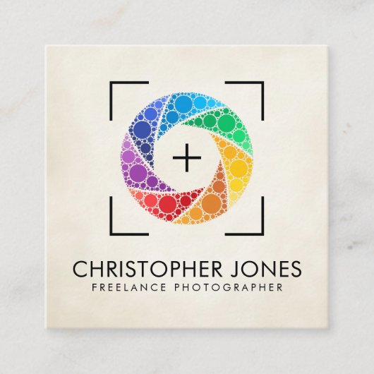 ドットアカラフルートカメラシャッターフォトグラファー スクエア名刺 (正面)