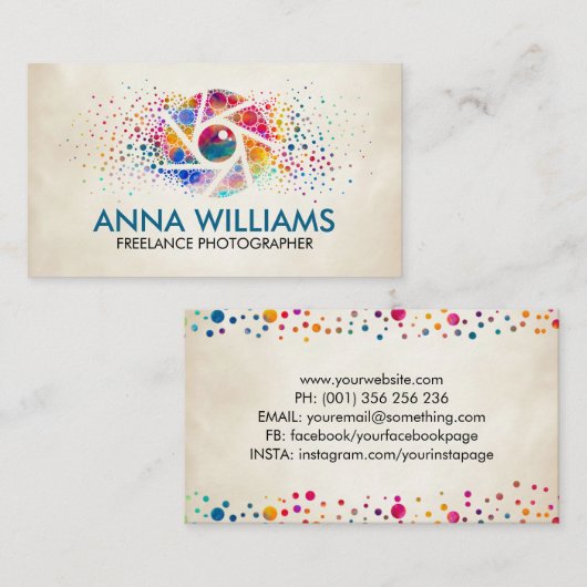 ドットカラフルアート（ばちゃばちゃ）跳ねるカメラシャッター  名刺 (正面/裏面)