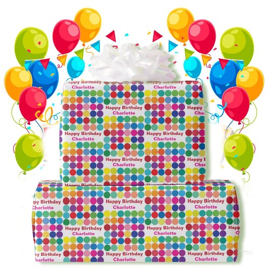 ドットカラフル受信者名の追加ハッピーバースデー ラッピングペーパー