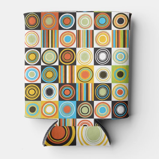 ドットカラフル、円、ストライプ背景 缶クーラー (正面)