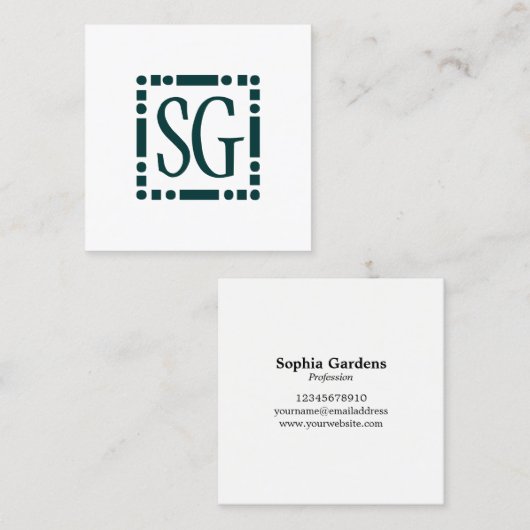 ドットダッシュボックス – イニシャル – 濃い緑 スクエア名刺 (正面/裏面)