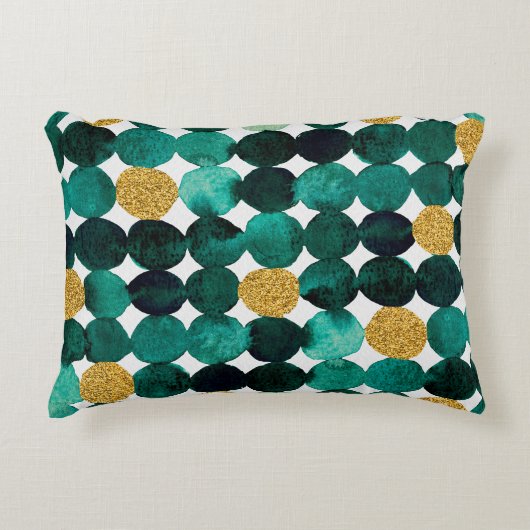 ドットパターン – エメラルドと金ゴールドグリッター アクセントクッション (正面)